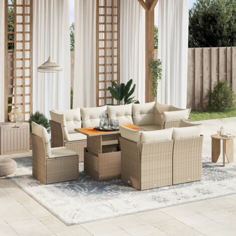 Vidaxl – Salon de jardin 9 pcs beige en résine tressée – 5 sièges d’angle et 3 sièges centraux – Table 100x55cm avec coussins amovibles (1/3)