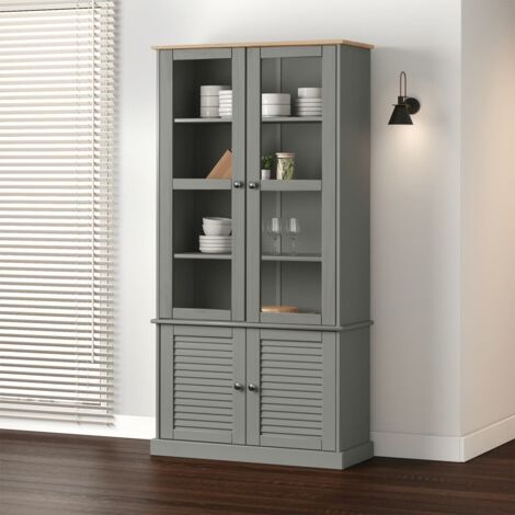 Vidaxl – Vitrine en verre VIGO gris 85x35x170 cm – Bois massif de pin – Étagères pour collection – Boutons en métal – Facile à entretenir