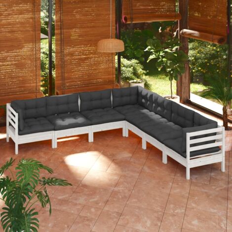 Salon de jardin 7 pcs avec coussins blanc bois de pin massif vidaXL (1/5)