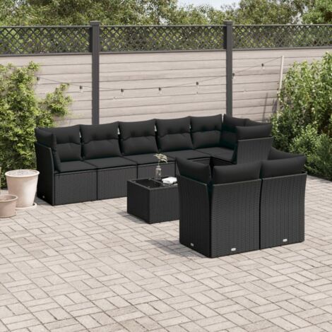 Salon de jardin 9 pcs avec coussins noir résine tressée vidaXL (1/3)