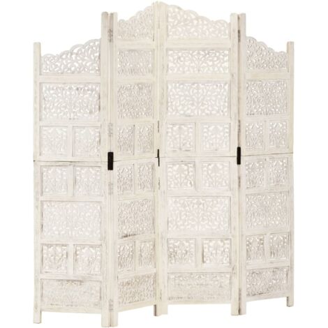 Vidaxl – Cloison de séparation paravent 4 panneaux – Bois de manguier massif – Dimensions 160x165 cm – Motifs sculptés à la main – Finition blanche