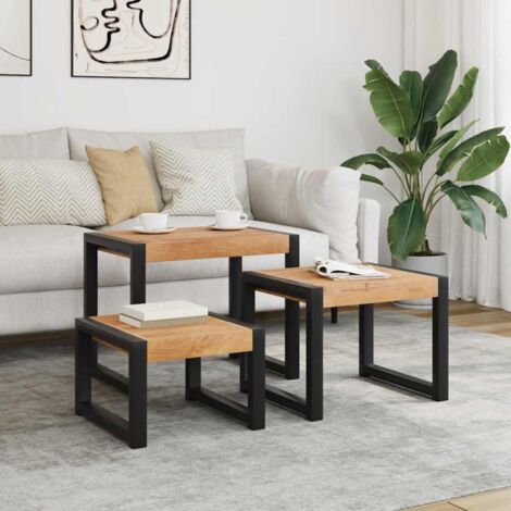 Vidaxl – Tables gigognes 3 pcs en acacia massif et bois d'hévéa – Cadre en acier – Dimensions : 60x41x48 cm, 51x41x39 cm, 40x41x29 cm