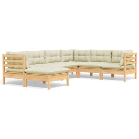 Salon de jardin 7 pcs avec coussins crème bois de pin massif vidaXL (1/5)