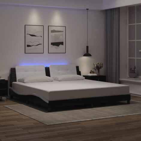 Vidaxl – Cadre de lit avec LED noir et blanc 200x200 cm – Similicuir durable – Tête de lit avec coussin – Design moderne et élégant (1/5)