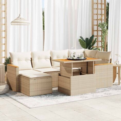 Salon de jardin avec coussins 7 pcs beige résine tressée acacia vidaXL (1/5)