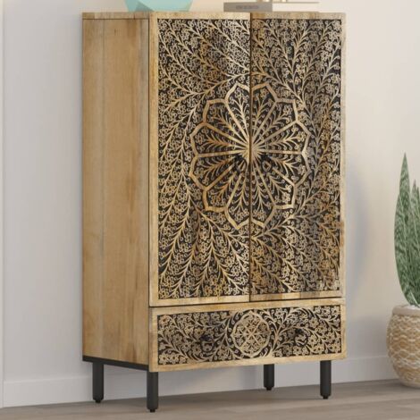 Vidaxl – Buffet en bois de manguier massif 60x33x100 cm – Motifs floraux sculptés à la main – Meuble de rangement décoratif