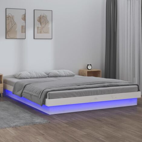 Vidaxl – Cadre de lit à LED blanc en bois massif 204x183,5x21 cm – Pour matelas 180x200 cm – Télécommande avec couleurs réglables (1/5)