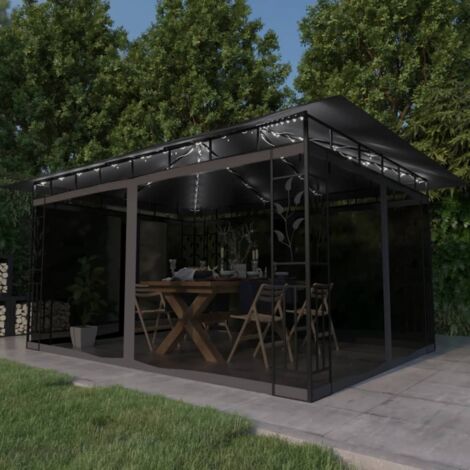 Vidaxl – Tonnelle avec moustiquaire et guirlande LED 4x3x2,73m – Structure en métal robuste – Protection contre les insectes – Toit ouvrant en tissu