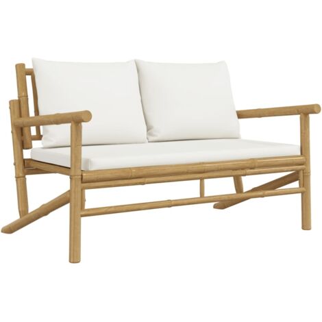 Vidaxl – Banc de jardin en bambou avec coussins crème – Confort optimal – Résistant aux intempéries – Charge max 110 kg