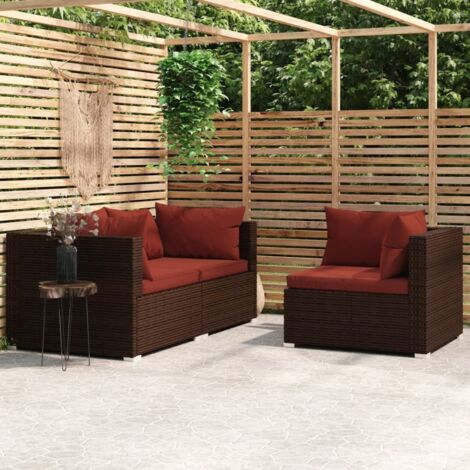 vidaXL Salon de jardin 3 pcs avec coussins Marron Résine tressée (1/5)
