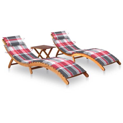 vidaXL Chaises longues lot de 2 avec table et coussins Acacia solide
