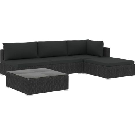 Vidaxl – Salon de jardin 5 pièces en résine tressée noire – Canapé d'angle et table basse en verre trempé – Coussins épais 6 cm – Résistant aux intempéries (1/5)
