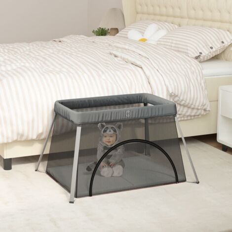 Vidaxl – Parc pour bébé pliable avec matelas 100 x 60 cm – Tissu en lin gris foncé – Lit de voyage 2 en 1 pour intérieur et extérieur (1/6)