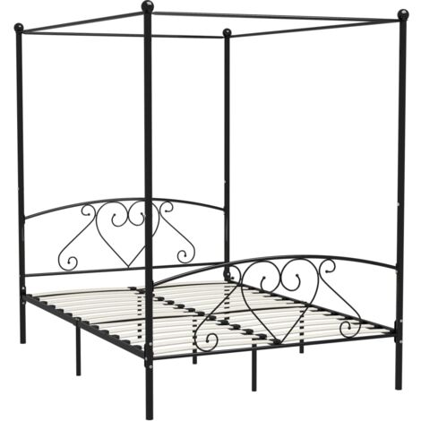 Vidaxl – Cadre de lit baldaquin noir 160x200 cm – Métal solide – Espace de rangement sous le lit – Assemblage requis (1/7)