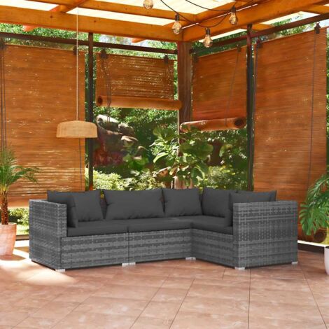 vidaXL Salon de jardin 4 pcs avec coussins Résine tressée Gris
