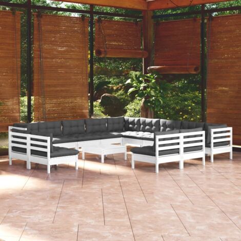 vidaXL Salon de jardin 14 pcs avec coussins blanc bois de pin solide (1/5)