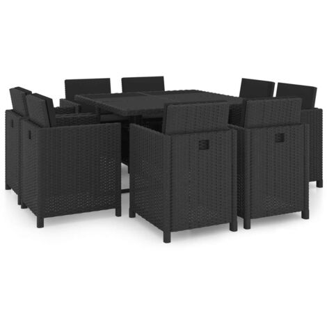 Vidaxl – Ensemble table et chaise de jardin 9pcs – Résine tressée noire – Coussins épais en polyester hydrofuge – Table 109x109cm