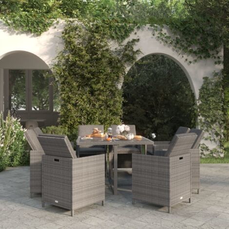 Vidaxl – Ensemble table et chaise de jardin 9 pièces – Résine tressée imperméable – Coussins épais en mousse – Table en verre trempé gris