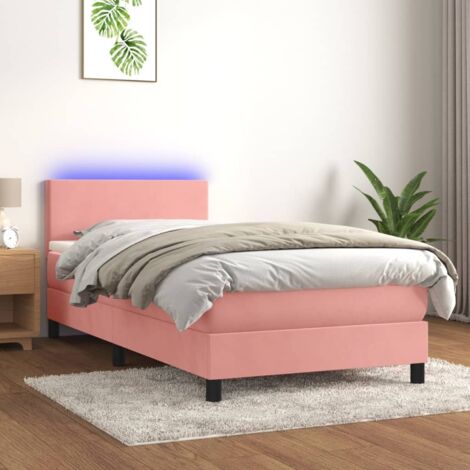 vidaXL Sommier à lattes de lit avec matelas LED Rose 90x200 cm Velours (1/5)