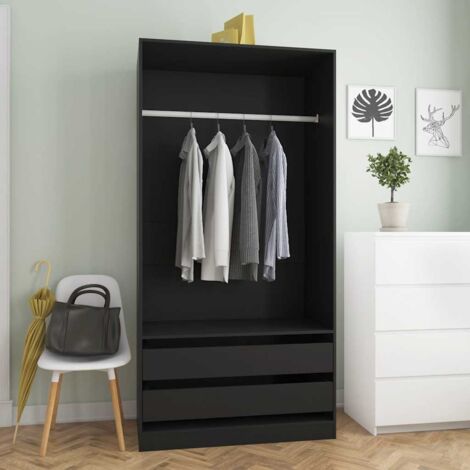 Vidaxl – Armoire noire 100x50x200 cm en bois d'ingénierie – 2 tiroirs – Compartiment avec tringle pour vêtements longs – Facile à assembler
