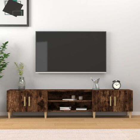 Vidaxl – Meuble TV chêne fumé 180x31,5x40 cm – Bois d'ingénierie et eucalyptus massif – 4 compartiments pour rangement organisé – Pieds en bois stables