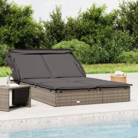 Vidaxl – Transat 2 places avec toit pliable gris – Résine tressée et acier enduit de poudre – Dimensions 213x118x97 cm – Siège réglable et résistant aux intempéries