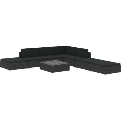Minkurow – Salon de jardin 8 pcs résine tressée noire – Canapé d'angle et table basse en verre trempé – Coussins épais pour confort optimal (1/5)