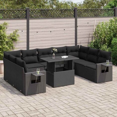vidaXL Salon de jardin 10 pcs avec coussins noir résine tressée