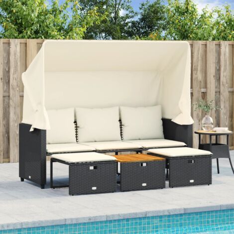 Vidaxl – Canapé de jardin 3 places avec auvent et tabourets – Résine tressée noire – Structure en acier enduit de poudre – Dimensions 176x65/91x149cm (1/5)