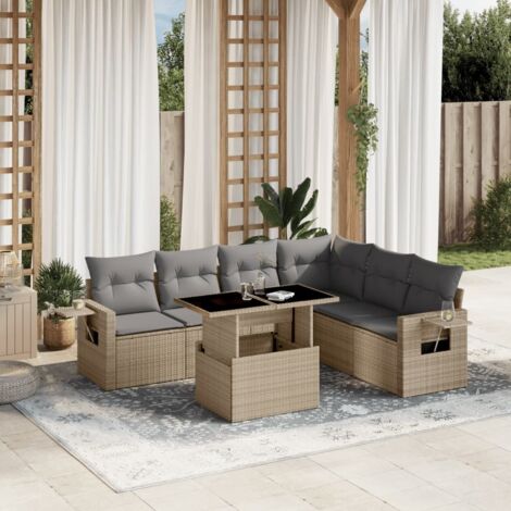 vidaXL Salon de jardin avec coussins 7 pcs beige résine tressée (1/5)