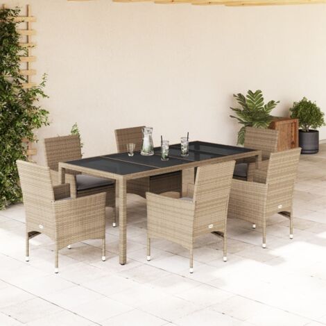 vidaXL Ensemble à manger de jardin et coussins 7 pcs beige rotin verre (1/5)