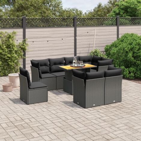 vidaXL Salon de jardin 9 pcs avec coussins noir résine tressée