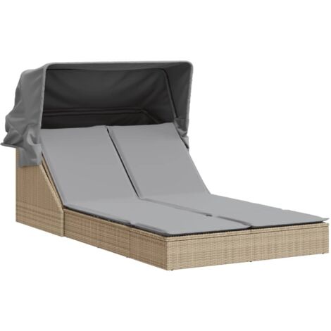 vidaXL Double Sun Lounger with Canopy and Cushions Beige Poly Rattan
