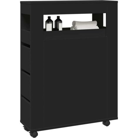 Vidaxl – Meuble étroit de salle de bain à roulettes noir 65x23x90 cm – Bois d'ingénierie – 4 roulettes dont 2 avec freins – Capacité 60 kg