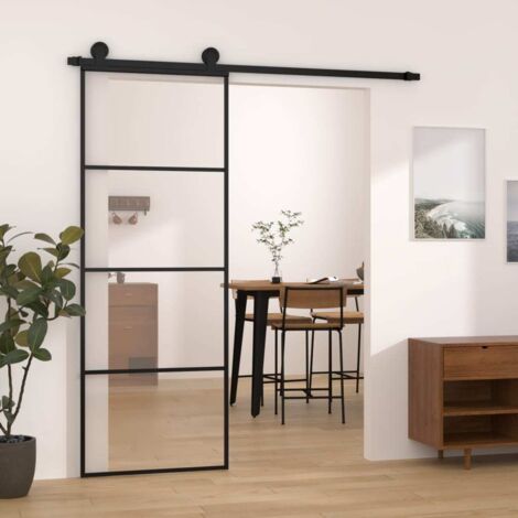 Vidaxl – Porte coulissante 76x205 cm en verre ESG – Cadre aluminium noir – Système de butée silencieuse – Capacité 80 kg – Installation facile