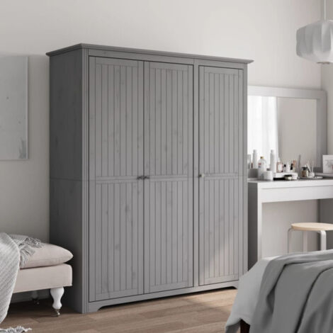Vidaxl – Garde-robe BODO gris 146x53,5x173 cm – Bois massif de pin – 3 portes avec poignées métalliques – Rangement spacieux (1/5)