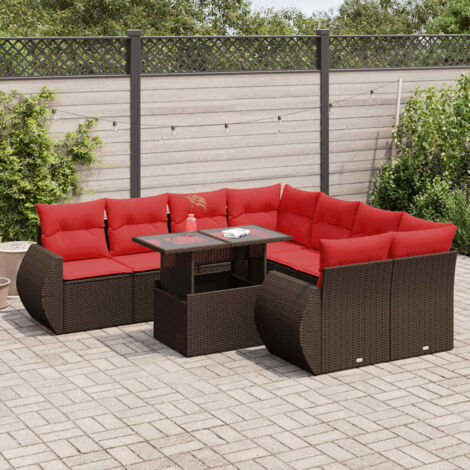 vidaXL Salon de jardin avec coussins 9pcs marron résine tressée acacia (1/5)