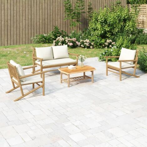 Salon de jardin 4 pcs avec coussins blanc crème bambou vidaXL (1/5)