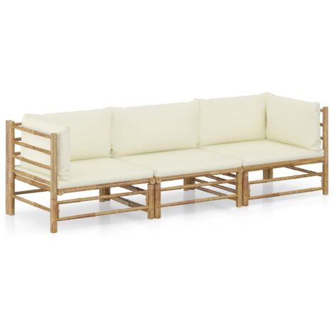 Vidaxl – Salon de jardin 3 pcs en bambou avec coussins blanc crème – Canapés modulaires légers – Housses amovibles et lavables – Confort optimal