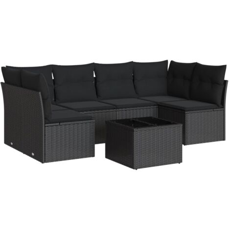 Vidaxl – Salon de jardin 7 pcs – Résine tressée noire avec coussins – Dimensions canapé 234x124x69cm – Table 55x55x37cm en verre trempé (1/4)