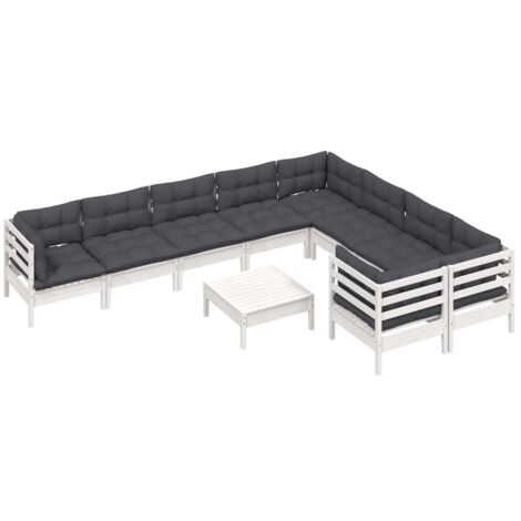 vidaXL Salon de jardin 10 pcs avec coussins blanc bois de pin (1/5)