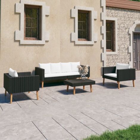 Salon de jardin 4 pcs avec coussins Résine tressée Noir vidaXL (1/5)