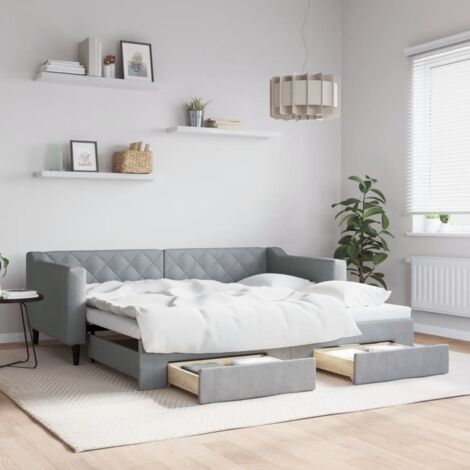 vidaXL Lit de jour avec gigogne et tiroirs gris clair 90x190 cm tissu (1/5)