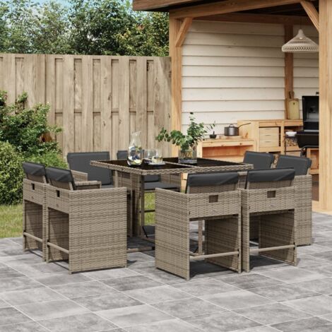 Vidaxl – Ensemble table et chaise de jardin 9 places – Résine tressée poly rotin – Coussins épais amovibles – Table en verre trempé facile à nettoyer