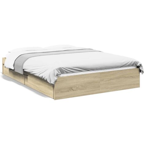 Vidaxl – Cadre de lit avec tiroirs chêne sonoma 140x190 cm – Bois d'ingénierie – Lattes en contreplaqué – Dimensions tiroirs 90,5x36,5x14 cm (1/6)