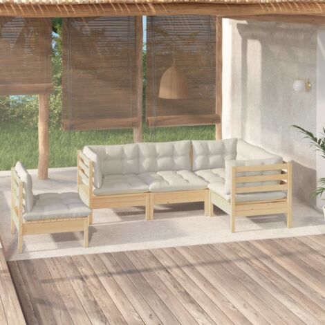 Vidaxl – Salon de jardin 5 pcs en bois de pin massif – Coussins crème confortables – Dimensions canapé 63,5 x 63,5 x 62,5 cm – Capacité 110 kg par siège (1/5)