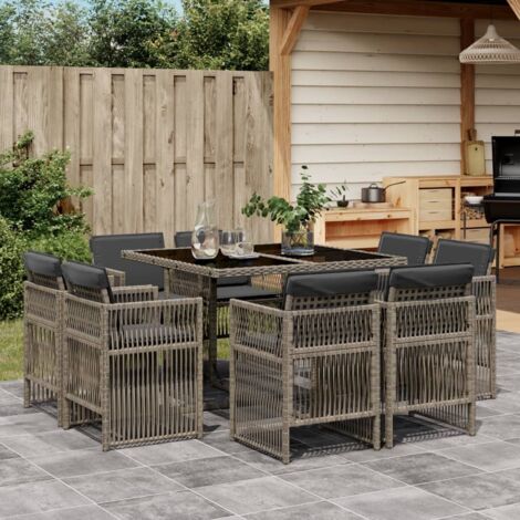 Vidaxl – Ensemble table et chaise de jardin 9 places – Résine tressée poly rotin – Coussins épais – Dessus en verre trempé – Dossier rabattable