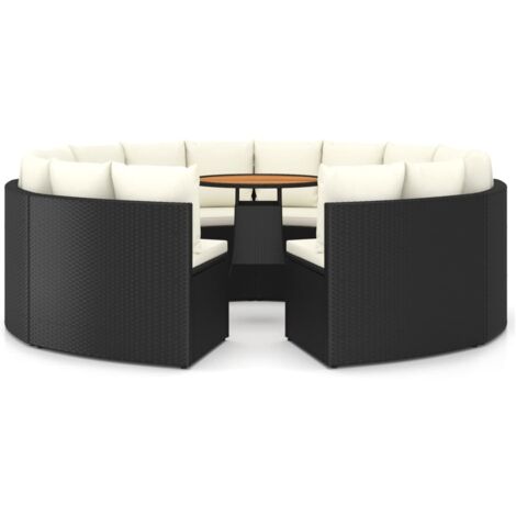 Vidaxl – Salon de jardin 9 pcs – Résine tressée noire – Coussins confortables – Table en bois d'acacia – Design en éventail