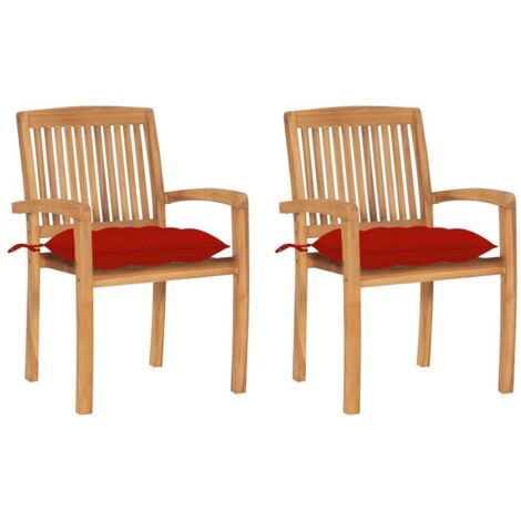 Chaises de jardin lot de 2 et coussins rouge Bois teck massif vidaXL (1/5)