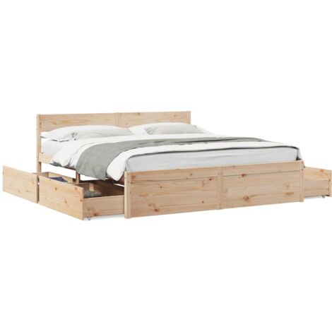 Vidaxl – Cadre de lit 200x200 cm en bois massif de pin – 4 tiroirs de rangement – H78 cm – Assemblage requis – Tête de lit pour soutien dorsal (1/7)